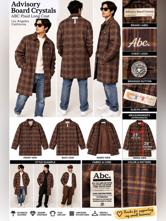 Advisory Board Crystals Other - Advisory Board Crystals ABC Plaid Long Coat Jacket Men’s Large Linen Blend